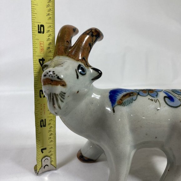 Tonal El Palomar Mexico Pottery Horned Billy Goat Figurine Floral Blue Butterfly - Picture 14 of 14